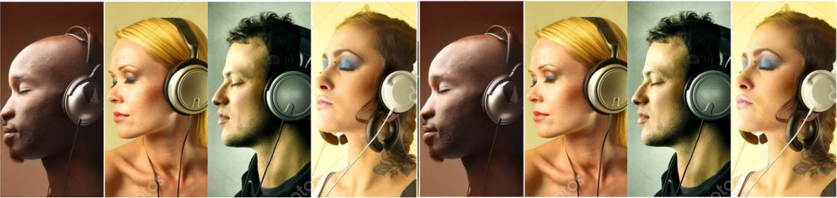 various people wearing headphones while looking to the side with their eyes closed